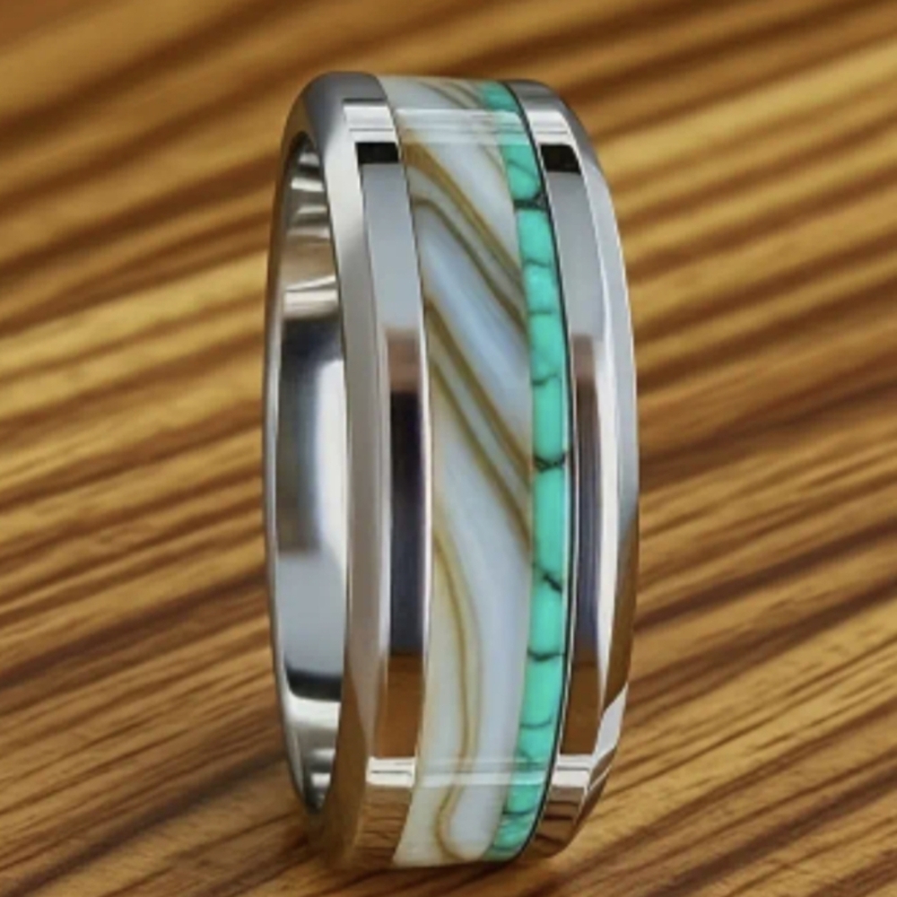 🩵Turquoise Like Marble Stainless Steel Ring for Men Wedding Band Men/Women